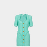 BALMAIN Gold-button short-sleeved wool-blend dress