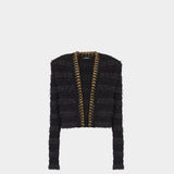 BALMAIN 金鍊滾邊無領毛呢針織外套