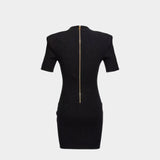 BALMAIN Gold Button V-Neck Slim Short-Sleeved Knit Dress