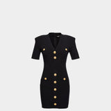 BALMAIN Gold Button V-Neck Slim Short-Sleeved Knit Dress