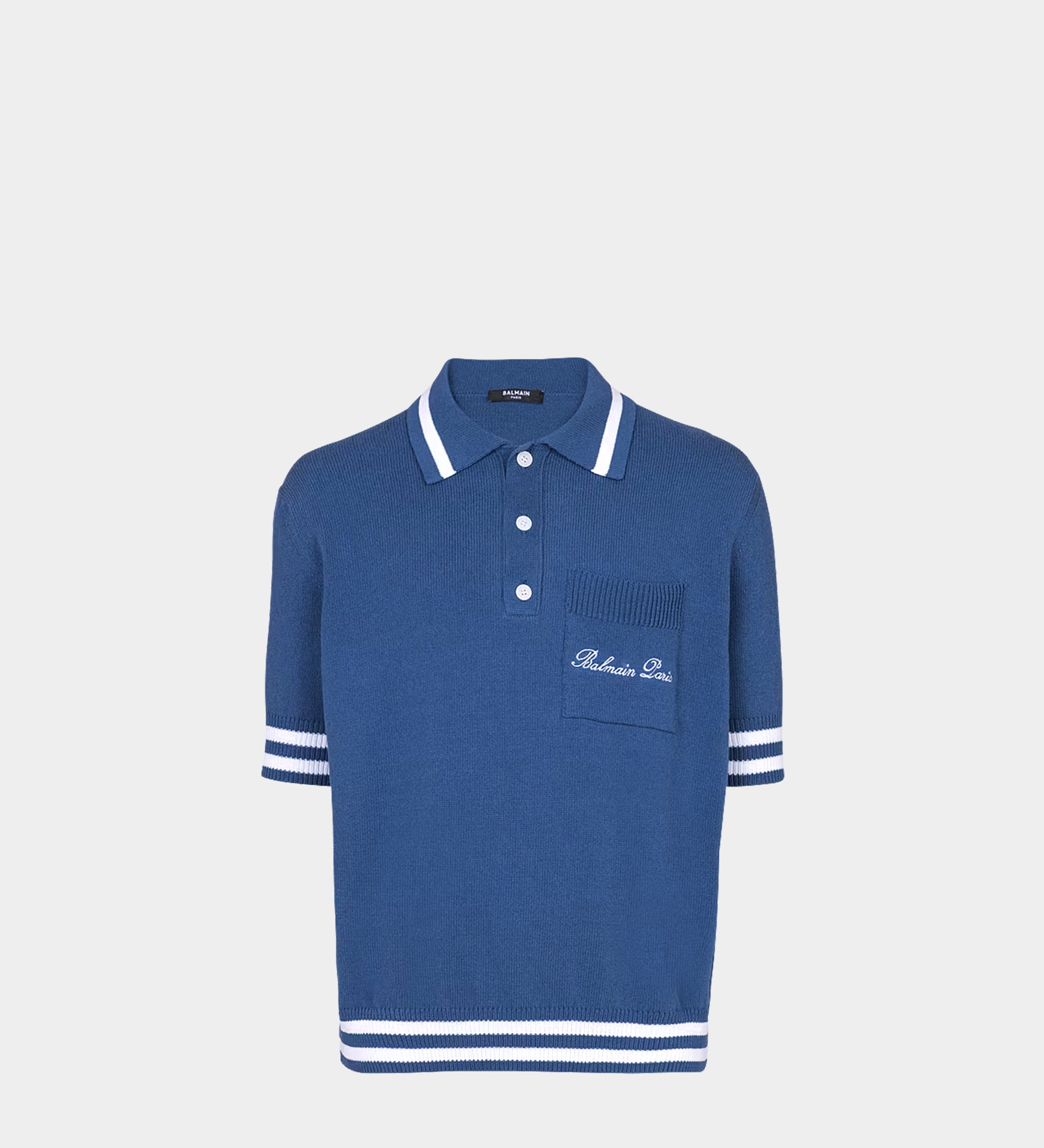 BALMAIN Striped Piping Embroidered Wool Polo Shirt - Blue