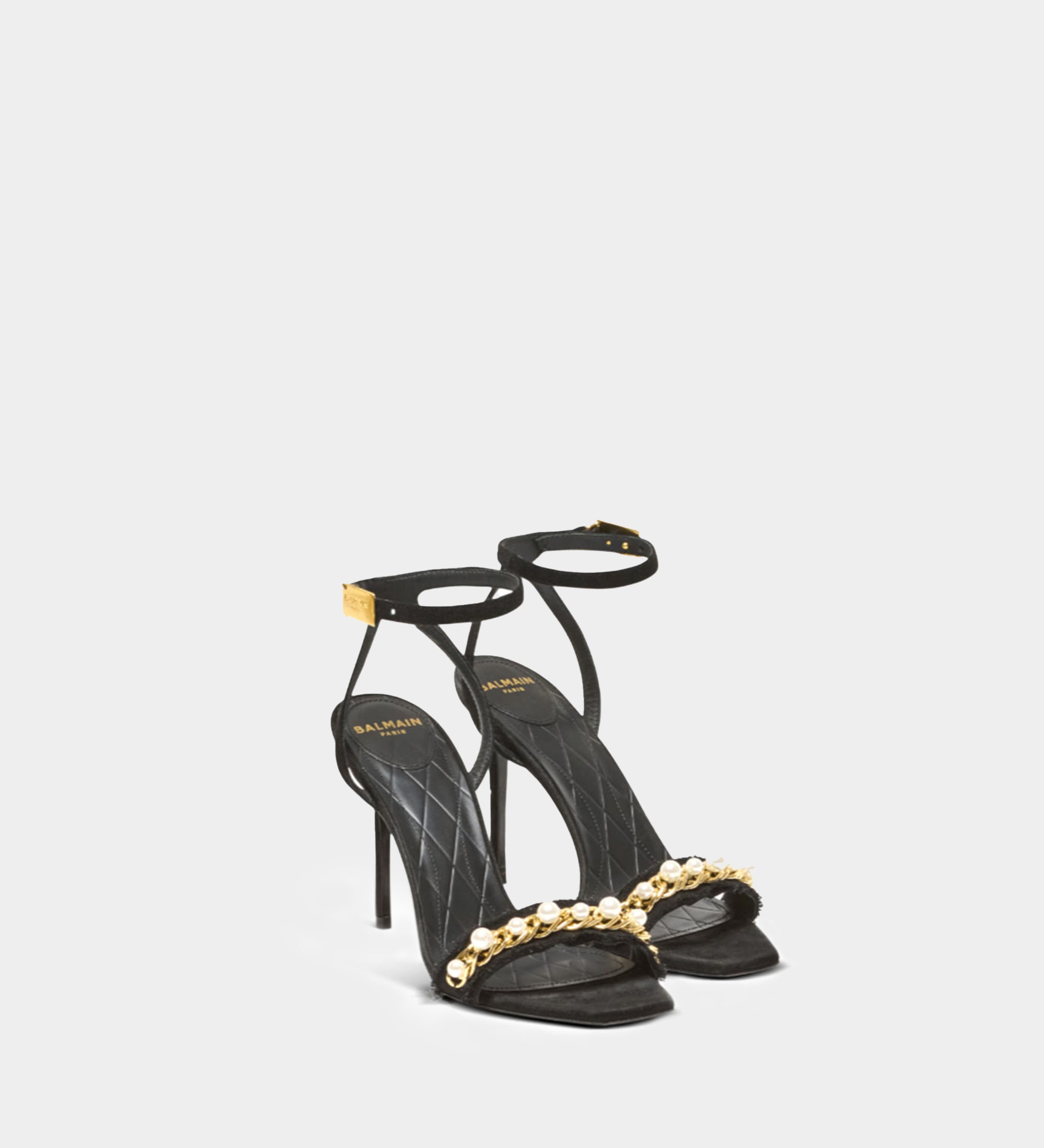 BALMAIN black pearl gold chain high heel sandals