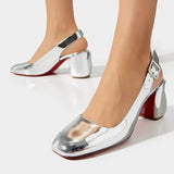 CHRISTIAN LOUBOUTIN Minny Sling Silver Mirror 5.5 cm Block Heel Shoes