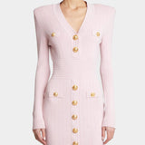 BALMAIN Long-sleeved knitted short dress-rose pink