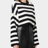BALMAIN OVERSIZED SHOULDERS STRIPED CROP SWEATER